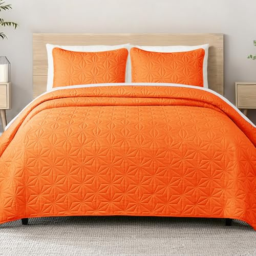 Whale Flotilla Tagesdecke Bettüberwurf 220x240 cm mit 2 Kissenbezüge | Weiche und Leichte Steppdecke, Bedspread mit Geometrischem Muster, für 4 Jahreszeiten, Orange