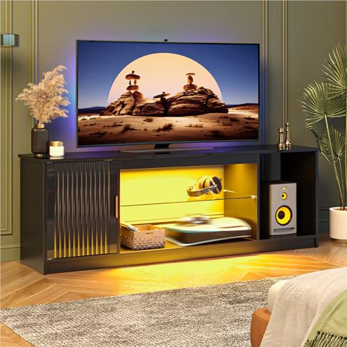 Bestier 56 Inch High Gloss Wavy Fluted LED TV Stand with Ample Storage, Cabinets & Adjustable Glass Shelves, Fits 45-65 TV Entertainment Centre, Bright Black
