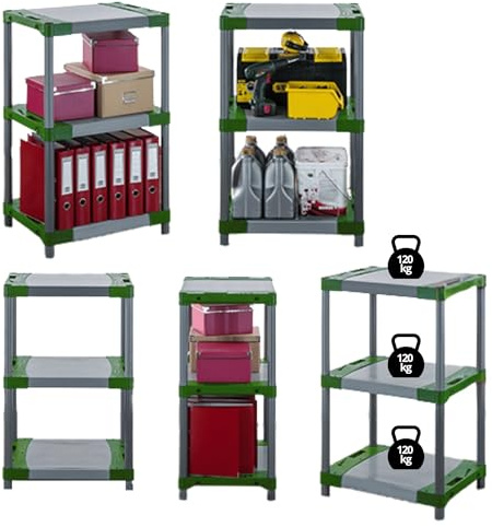 MODO24 Kunststoffregal Jupiter 98x80x46 cm, 3 Ablagen à 120 kg, Lagerregal aus Kunststoff für Keller, Garage, Vorratsraum, Werkstatt, Kellerregal, Steckregal modular, Plastikregal, Farbe: Grün