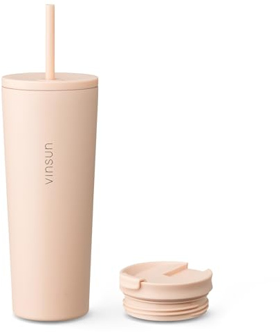 VINSUN Thermobecher Strohhalm 720ml Nude inkl. 2 Deckel - Auslaufsicher | Strohhalm Deckel & Trinköffnung - doppelwandig isoliert - Thermobecher Kaffee to go - Edelstahl Kaffeebecher Heiß & Kalt