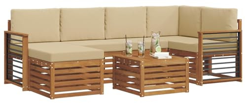 vidaXL Sofagarnituren 7 pcs Natur und Beige Massivholz Akazie, Gartenmöbel, modernes Sofa für draußen, modulare Loungemöbel, langlebige Terrassensitze und Komfort