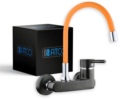 ATCO® Wandarmatur Granit-schwarz orange Spültischarmatur flexibler Auslauf Küchenarmatur Wasserhahn Waschtischarmatur Armatur Wandmontage Küche Spüle Ausgussbecken Gastronomie EHM Einhebel