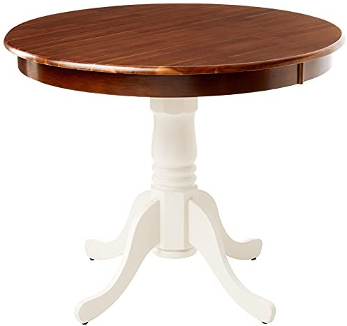 East West Furniture AMT-WLW-TP Antiker Küchen-Esstisch, runde Holztischplatte mit Sockel, 91,4 x 91,4 cm, Walnuss und Leinen, Weiß
