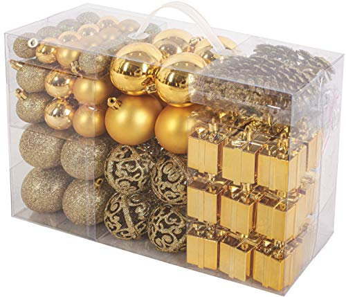 BRUBAKER 101-teiliges Premium Weihnachtskugel Set mit Baumspitze Gold - Funkelnde Christbaumkugeln für den Weihnachtsbaum
