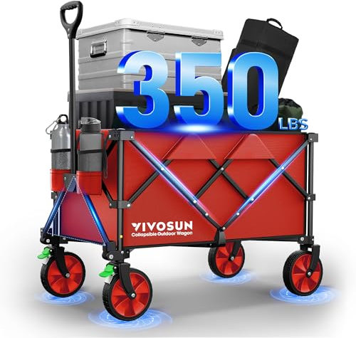 VIVOSUN Bollerwagen Faltbar mit Bremsen,200L XXL Bollerwagen 159kg Tragkraft Klappbarer Handwagen mit 360°drehbare Räder für alle Gelände Gartenwagen für Camping Garten Sport Picknick Einkaufen, Rot
