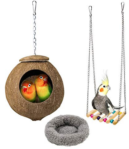Roundler Vogelnest aus natürlicher Kokosnussschale, Hamster-Kokosnuss-Hängematte, hängende Vogelnesthöhlen, Schlafbereiche mit weichem Kissen und 1 Hamsterschaukel für Papageien, Wellensittiche, Fink
