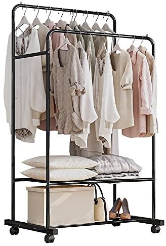 Isyunen Kleiderständer, Garderobenständer auf Rollen, mit 2 Kleiderstangen, 2 Ablage für Boxen (Schwarz)