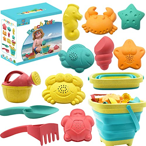 Sawaruita Beach Toys for Kids - Sand Toys Set Includes Collapsible Sand Bucket Shovel and Sand Rake Toy for Beach 12 PCS, Sandbox Toys Sandcastle Building Kit (A)