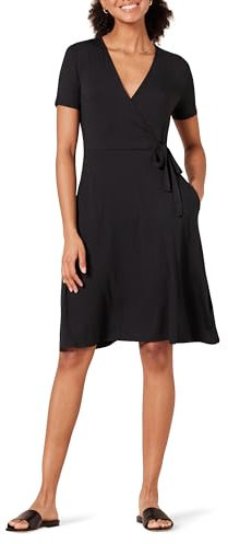 Amazon Essentials Robe Effet Cache-cœur à Manches Courtes Femme, Noir, XS