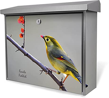 banjado® Burgwächter Briefkasten Edelstahl 38,5x31,5x12cm mit Motiv Herbst Vogel/Briefkasten Edelstahl ohne Zeitungsfach/Briefkasten grau/Postkasten inkl. Montagematerial & 2 Schlüsseln