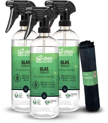 bio-chem Glasreiniger Hochglanzreiniger für streifenfreien Glanz | 3x 750 ml + Mikrofasertuch | Ideal für Glasflächen, Spiegel, Fenster, Autoscheiben, Küchenfronten und sonstige lackierte Oberflächen
