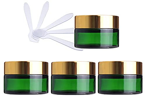 ZEOABSY 4 Pièce Petits Pots en Verre 20ml Vert Bocaux en Verre Cosmétique avec Bouchon à vis Or Vides avec Bouchon Intérieur et 4X Spatule pour Crèmes Fait Maison,Poudres,Baume À Levrès