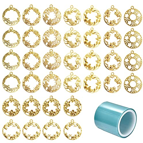 NA Allazone Lünette Rahmen Anhänger Charm, 36 Stück Blumen Katze Gemischt Offene Lünette Anhänger Gießform Schmuck, Gold Anhänger Zubehör Tabletts für DIY Harz,gedrückt Blume Schmuck