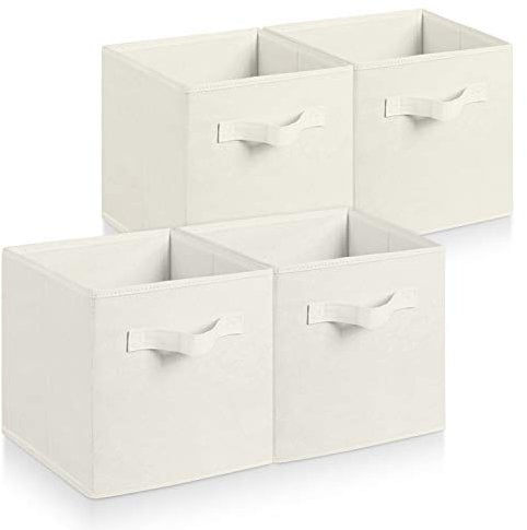 Hibtn Set of 4 Foldable Storage Box, Fabric with Handles Storage Cubes And Cloth Storage Organizer Drawer For Closet And Toys Storage,27 x 27 x 27 cm, Beige