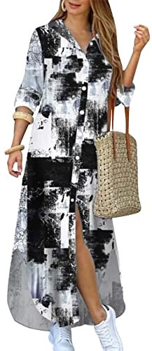 YMING Femme Robes Chemises Robes Boutonnées Robe à Manches Roulées avec Poches Tie Dye Noir S