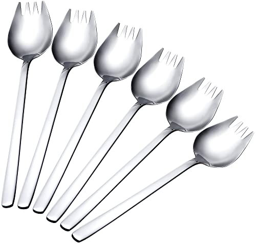 6 Piezas Cuchara Tenedor de Acero Inoxidable 2 en 1 Tenedor-cuchara 7.3 Pulgadas Tenedores de Ensalada de Mango Largo para Casa, Camping, Viajar (Plata)