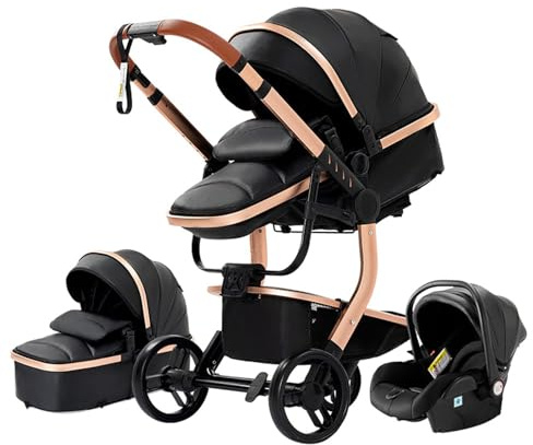 Magic ZC PU-Leder Kinderwagen 3 in 1, Kombikinderwagen 3 in 1 Komplettset mit Umkehrbarem Zwei-Wege-Schub, Buggy mit Zubehör Hohe Landschaft, Faltbarem Tragbarem One-Click-Design (518 Black)