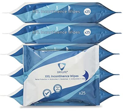 Drylife Premium 5-in-1 Fragranced Disposable XXL Incontinence Wipes | Moisturising Antibacterial Barrier Protection Skin Cleansing Cloths (6 Packs of 25)