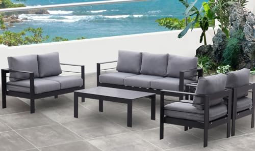 GLP Gartenmöbel Set Aluminium 6-7 Personen, Terassenmöbel Wetterfest mit Sofa, Tisch, Hocker & Kissen, Gartenlounge Set für Innen- und Außenbereich (Schwarz & Dunkelgrau)