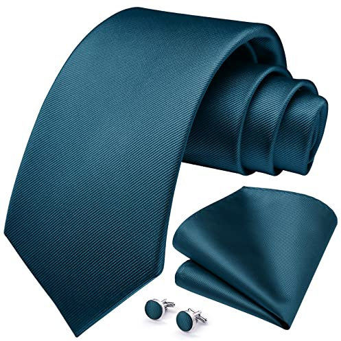 HISDERN Herren Hochzeit Dunkelgrün Krawatten und Einstecktuch Solide Krawatte Manschettenknöpfe Set