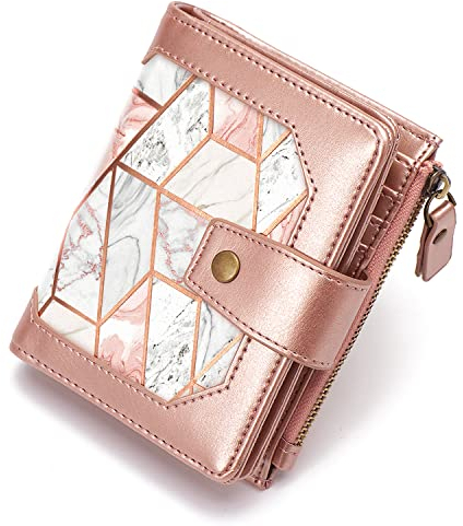 Simikol Kleine Damen-Geldbörse, zweifach gefaltet, RFID-blockierend, Kreditkartenhalter, Geldbörse mit Reißverschlusstasche, Gold Rosa Marmor, Vintage