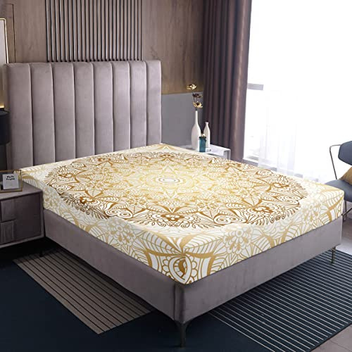 Loussiesd Boho Mandala Spannbetttuch 90x200cm Bettlaken böhmiSchön Stil für Teenager Luxus Golden Weiß Mandala Dekor Spannbettlaken Exotisches Blumenmuster