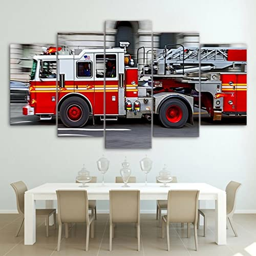 FRULX Moderne Wandbilder XXL Wohnzimmer Wohnkultur 5 Teilige Leinwandbilder XXL Kreatives Geschenk Wanddeko FDNY-Motor-Feuerwehrautohd-Druckplakat
