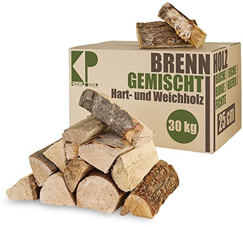 Brennholz Gemischt Kaminholz 30, 60, 90kg Buche Birke Eiche Kiefer Fichte Holz Für Ofen Kamin Kaminofen Feuerschale Grill Feuerholz 25 cm Kammergetrocknet Kingpower, Menge:30 kg