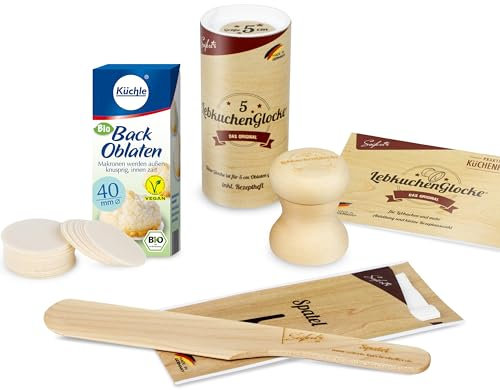 Backen Backset für Kinder & Erwachsene mit Seifert`s Lebkuchenglocke aus Ahornholz 4cm und Küchle Backoblaten Bio & vegan Größe 40mm & Backspatel Makronen, Lebkuchen & Amerikaner