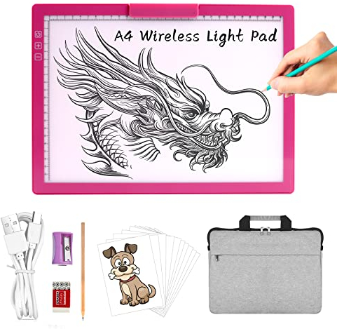 TOHETO A4 Mesa de Luz Para Calcar con Bolsa, Recargable Mesa de Luz Dibujo Tableta de Luz, LED Tableta de Luz Dibujo de Dibujo con Brillo Ajustable para Bocetos Dibujo Diamante Pintura (Rosa Rojo)