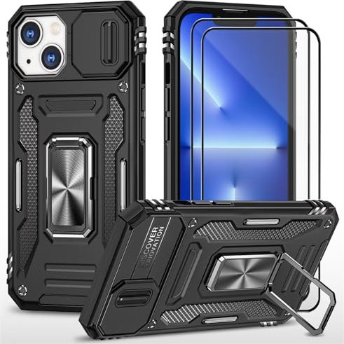 CLYDITE Hülle für iPhone 14 handyHülle mit Slide Camera Gehärtetes Glas Schutzfolie [2 Stück] Schützen Ständer Silikon Rüstung Hardcase Stoßfeste Hüllen-Schwarz