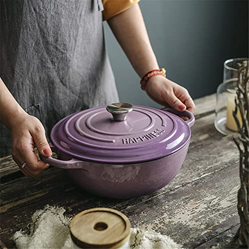 Non-Stick Shallow Cast Iron Casserole Pan – Cast Iron Pot with Lid – Enameled Cast Iron Shallow Oven Casserole Dish with Lid – Oven Safe Casserole Pot Purple 26cm
