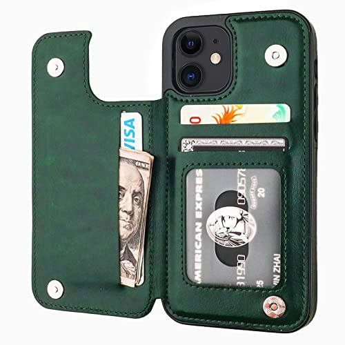 ONETOP for iPhone 12 & iPhone 12 Pro Wallet Case with Card Holder,Green | Kickstand,ID/Cash Holder,Case Wallet with Card Slots,Double Magnetic Clasp,Durable PU Leather Shockproof Cover for Women Men