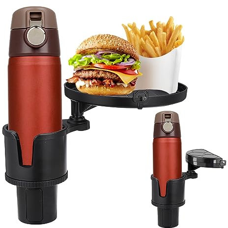 JSCARLIFE Car Cup Holder Expander Tray, Detachable Tray Organizer with Adjustable Base for Eating and Drinking on the Road