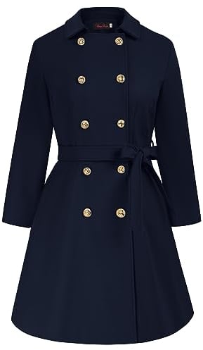 Hanna Nikole Mantel Damen Herbst Elegant Große Größen Zweireihiger Wollmantel mit Taschen Gürtel Langarm Mittellanger Trenchcoat Navy Blau 54