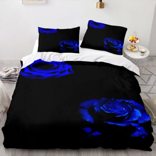 Double Duvet Set Navy Blue Rose Fluffy Double Duvet Cover 110g/㎡ Microfiber Bedding Double Bed Set with Zipper + 2 Pillow Cases (19x29) Also as Teenage Home Decor