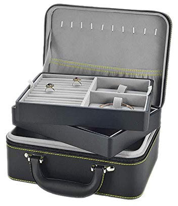 BONOOL Schmuckkästchen aus Leder, tragbar, Schmuck-Organizer, 2 Schichten, großes Fassungsvermögen, Schmucktruhe für Ringe, Halsketten, Ohrringe, schwarze Schmuckschatulle für Damen
