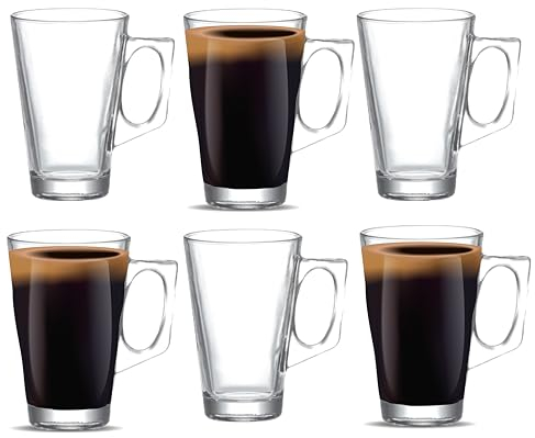 HOMESHOPA Espresso Coffee Cups Pack of 6, 230ml Temperature Resistant Hot Drink Cafe Mugs with Handle, Glassware Cup for Ice Cream Latte, Cappuccino, Macchiato, Hot Chocolate, Wine, Tea