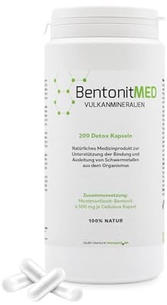 Bentonit MED Detox-Kapseln 200, Bentonit-Montmorillonit, Medizinprodukt, Apothekenqualität, Darmreinigung, Entgiftung von Schwermetallen, Entgiftungskur, Vulkanmineralien, Heilerde