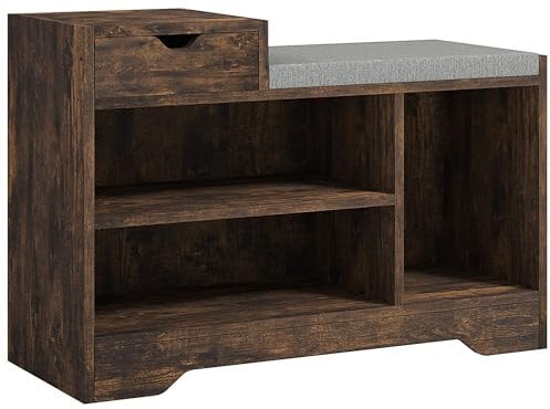 HOMCOM Shoe Storage Bench, Shoe Rack Bench with Seating Cushion, Drawer, 3 Open Compartments and Table Top for Entryway, Hallway, Rustic Brown