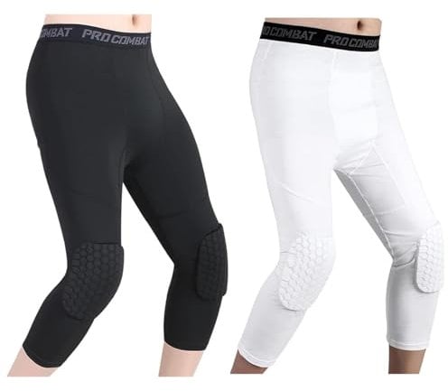 HULG Padded Trousers with Knee Pads Compression Trousers 3/4 Capri for Basketball, Football, Baseball, Youth and Adult Sizes
