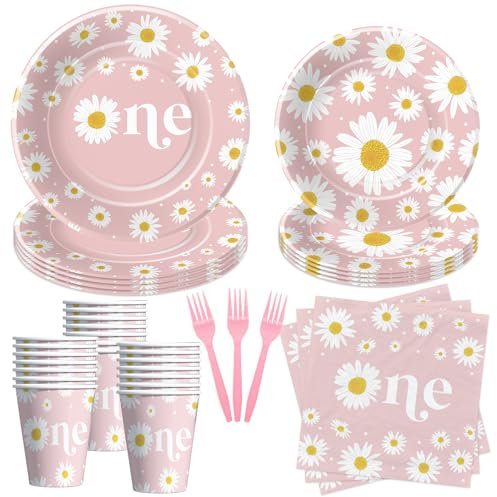 Xenorik Daisy 1st Birthday Plates And Napkins Party Decorations Tableware, Groovy Retro Daisy First Birthday Party Supplies, Paper Plate, Napkin, Cup, Fork, Serves 24