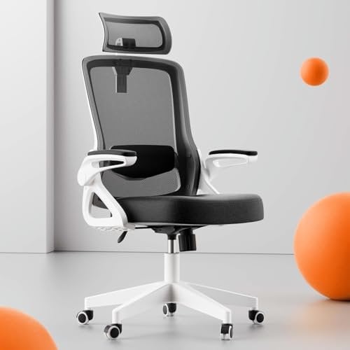 Ergonomic Office Chair, S-Shaped Mesh Deskr Support, 90°Flip-Up Armrest, Breathable High Back & Widened Cushion, Swivel Computer Chair for Home/Study/Office