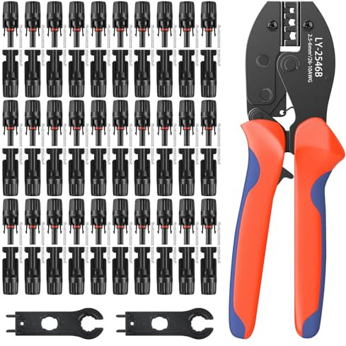 【63 Pcs Pinza Crimpatrice Solare Kit】Set da Connettori Solari PV da 2,5/4/6 mm², 1 Pinza Crimpatrice Solare, 30 Paia di Connettori per Cavi, 30 Paia di Connettori Solari Maschio/Femmina, 2 PV Chiavi