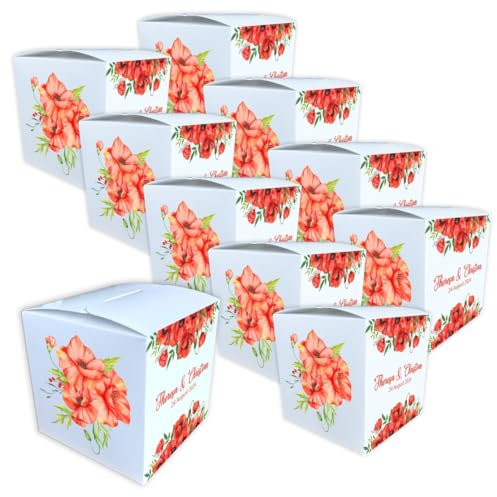 Geschenkbox personalisiert mit Wunschtext, Wunschnamen, Foto - Gastgeschenke Verpackung - Taufe, Kommunion, Hochzeit - Individuelle Schachteln - Set mit 8 Stück (Mohnblumen)