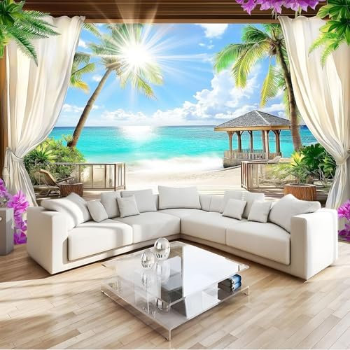 Fototapete 3D Effekt Natur Meerblick Terrasse Vliestapete Wohnzimmer Schlafzimmer 350x256 cm Vlies Tapete Art Wandtapete UV-Beständig Wanddekoration Tapete