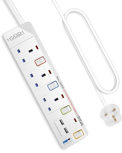 3 Way Extension Lead with 2 USB Slots, Mscien 3M Extension Lead, Multi Plug with Individual Switches Power Strips, Mountable Extension Cord for Home Dorm, White