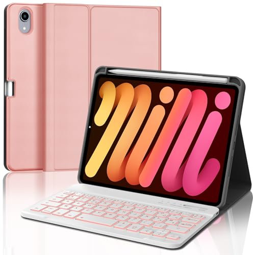 Clavier iPad Mini 7/6 8.3, Coque Clavier iPad Mini 7 8.3 2024, Eclairage 7 Couleurs, Rechargeable Etui Clavier Français AZERTY Détachable pour iPad Mini 7 8.3 2024/iPad Mini 6 8.32021, Or Rose