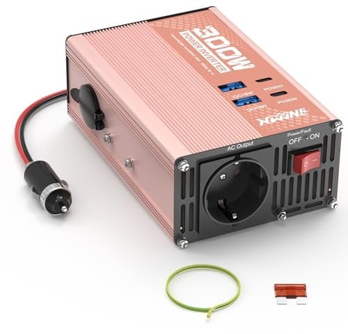 XWJNE 300W Convertisseur 12V 220V, Onduleur Sinusoïdale Modifiée, Convertisseur de Tension Voiture avec Deux Ports USB, Deux Ports USB-C, Prise Secteur, Léger pour Voiture, Camping-Car, Voyage
