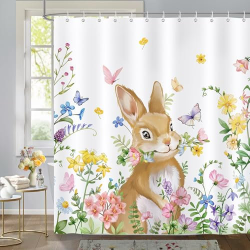 Bonhause Duschvorhang Frühling Ostern Kaninchen Hase Bunte Blume Pflanze Duschvorhänge 180 x 180 cm Anti-Schimmel Wasserdicht Polyester Stoff Waschbar Bad Vorhäng für Badzimmer mit 12 Haken